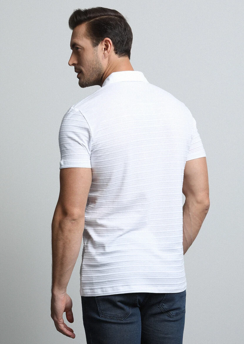 Beyaz Jakarlı Polo Yaka %100 Pamuk T-Shirt - 5