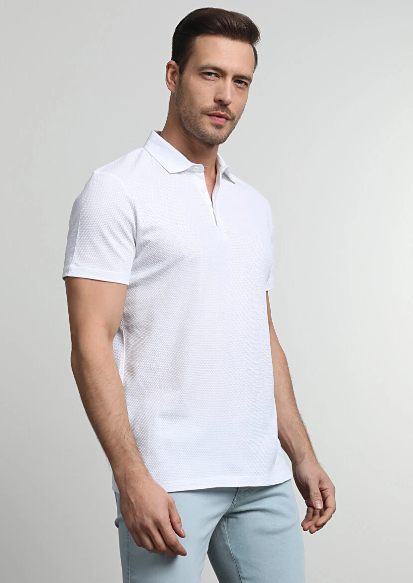 Beyaz Jakarlı Polo Yaka %100 Pamuk T-Shirt - 1