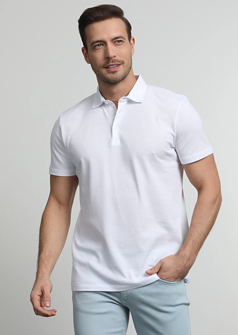 Beyaz Jakarlı Polo Yaka %100 Pamuk T-Shirt - 3