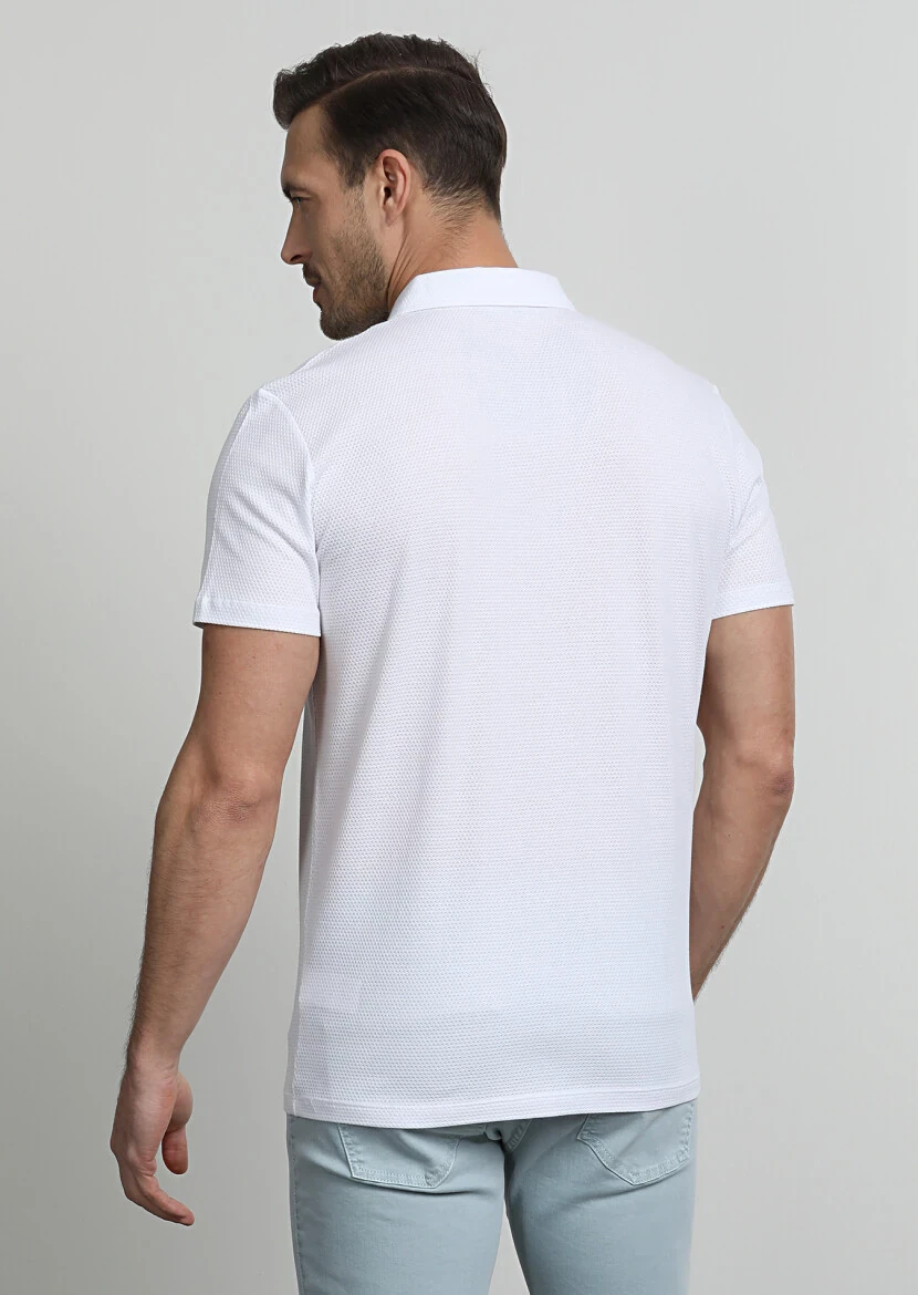 Beyaz Jakarlı Polo Yaka %100 Pamuk T-Shirt - 4