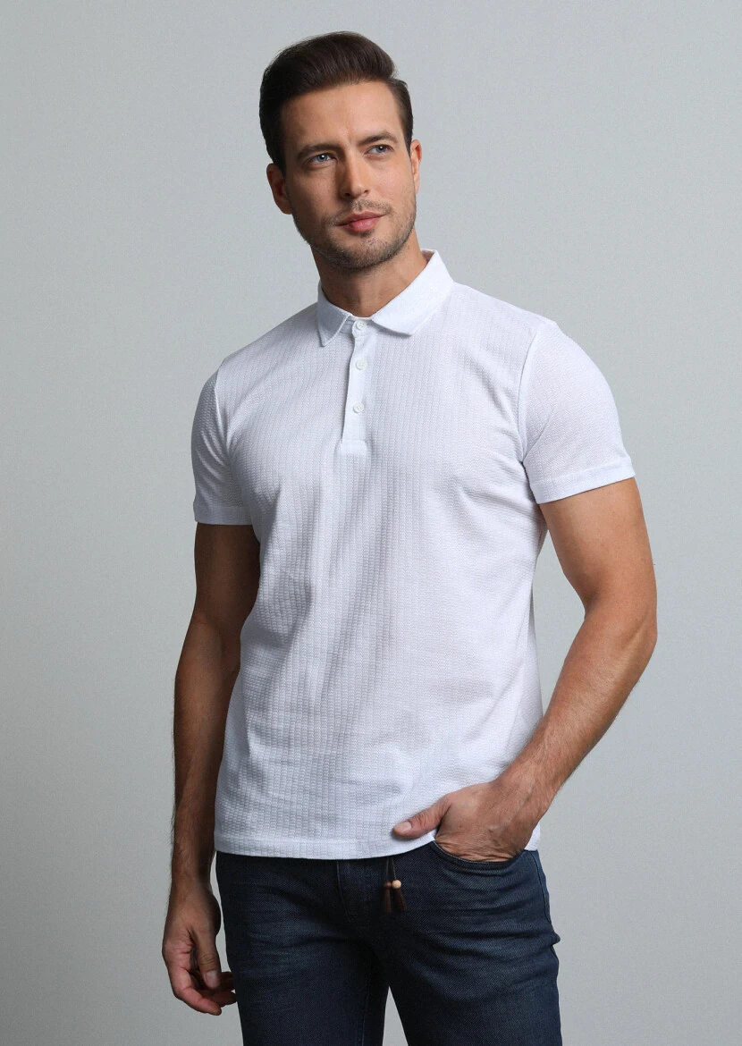 Beyaz Jakarlı Polo Yaka %100 Pamuk T-Shirt - 1