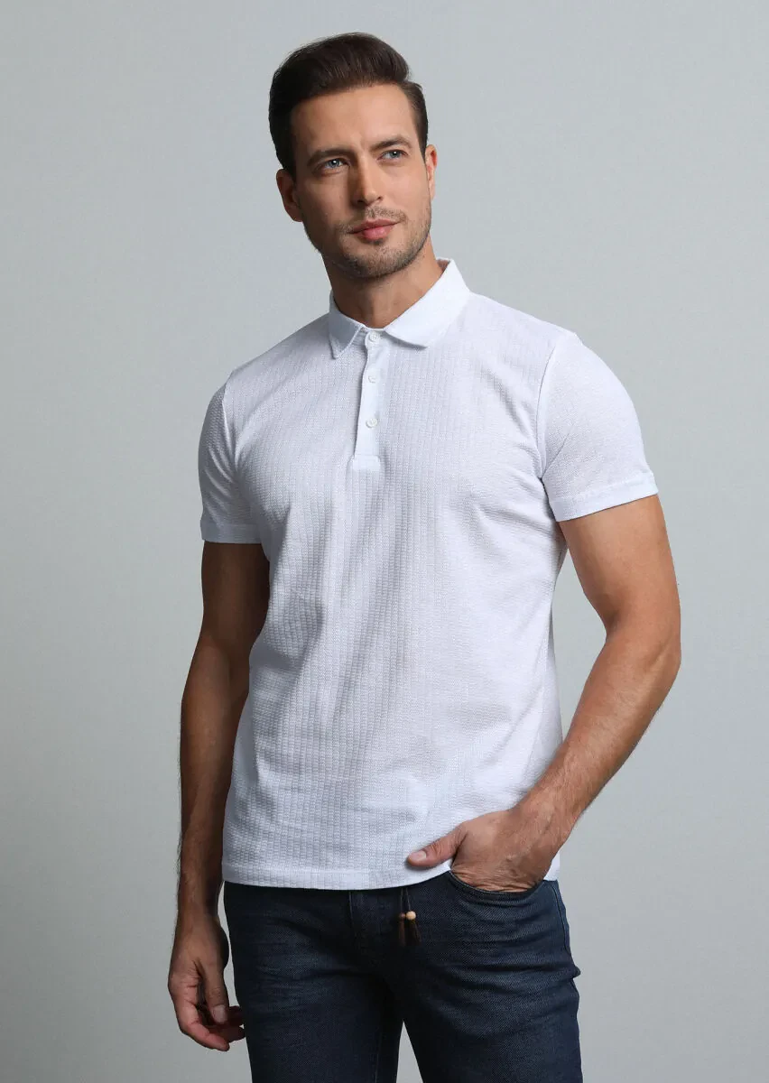 Beyaz Jakarlı Polo Yaka %100 Pamuk T-Shirt - 1