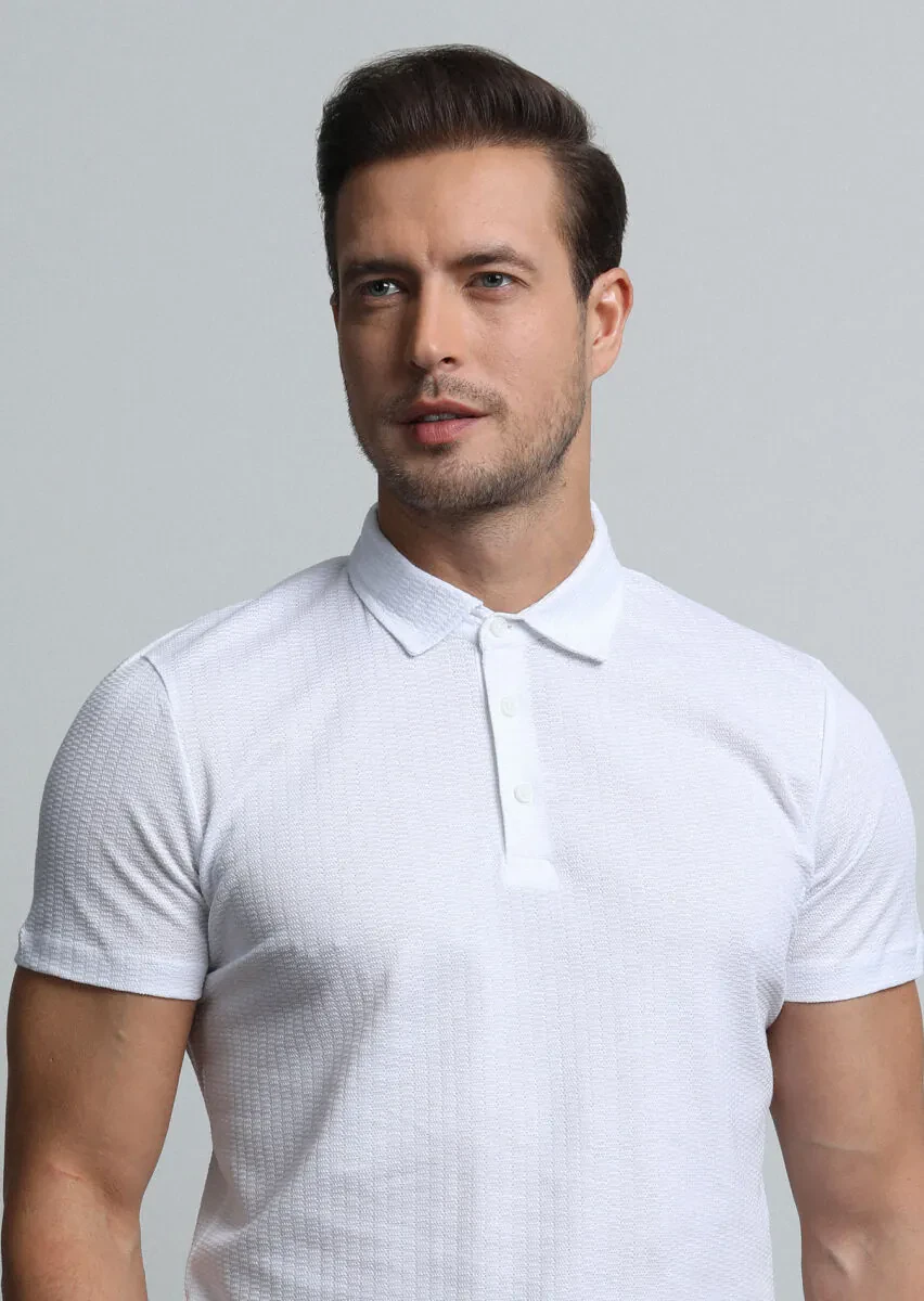 Beyaz Jakarlı Polo Yaka %100 Pamuk T-Shirt - 2