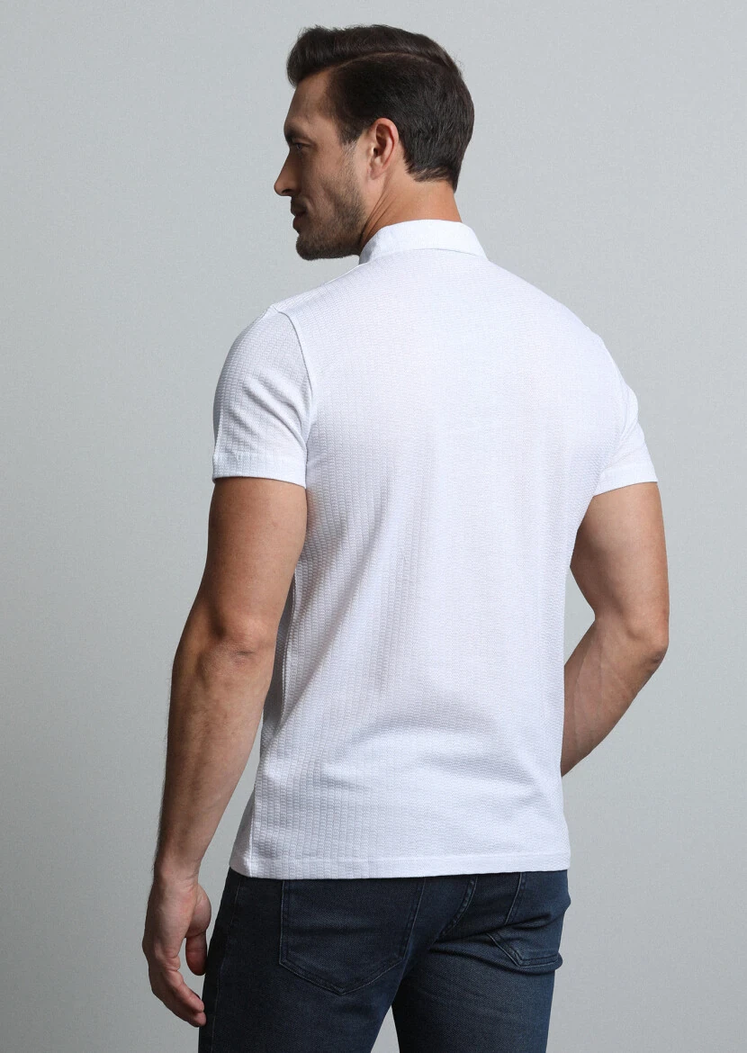 Beyaz Jakarlı Polo Yaka %100 Pamuk T-Shirt - 5