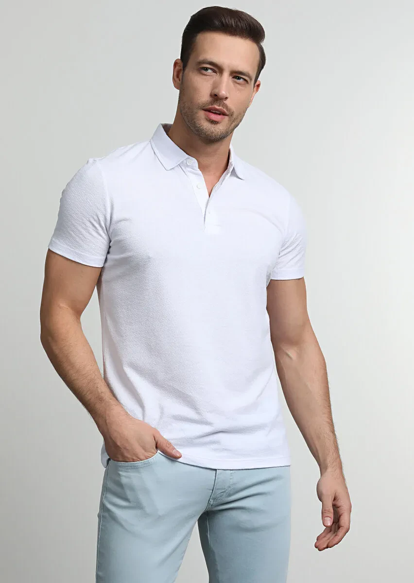 Beyaz Jakarlı Polo Yaka %100 Pamuk T-Shirt - 1