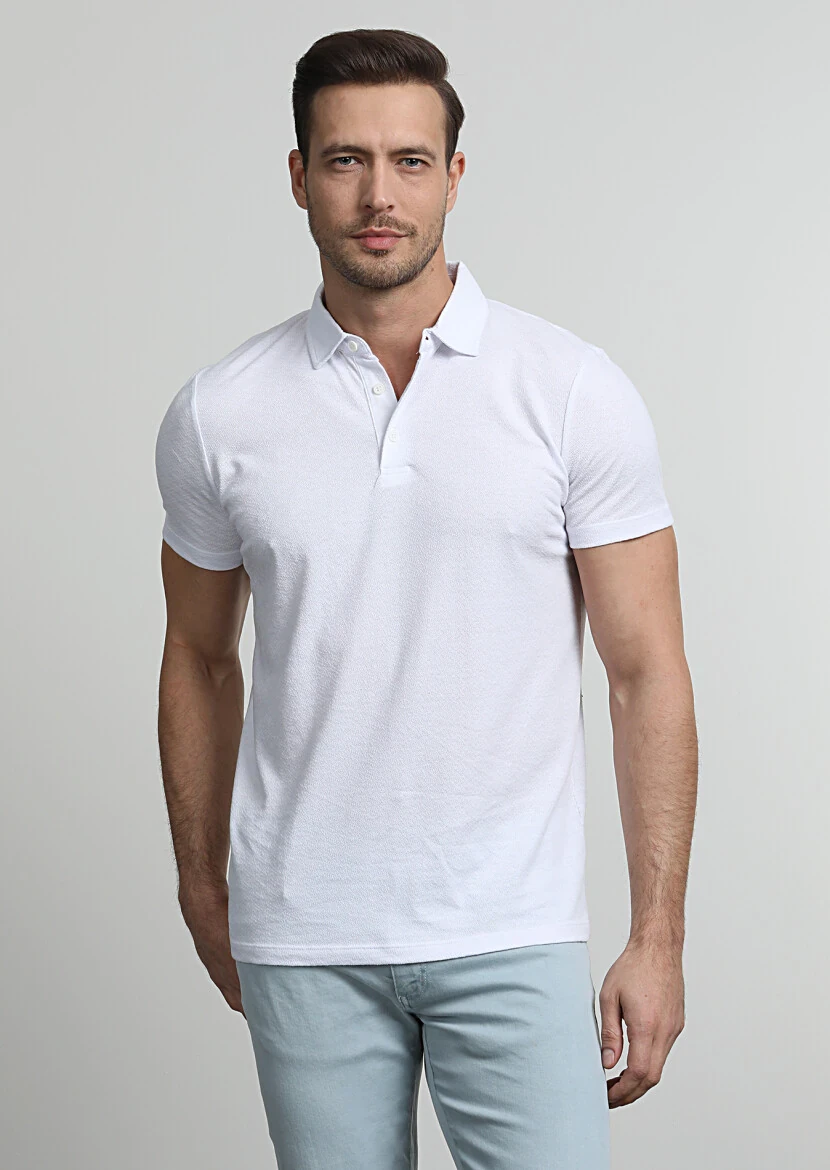 Beyaz Jakarlı Polo Yaka %100 Pamuk T-Shirt - 3