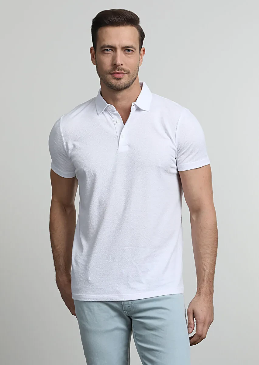 Beyaz Jakarlı Polo Yaka %100 Pamuk T-Shirt - 3