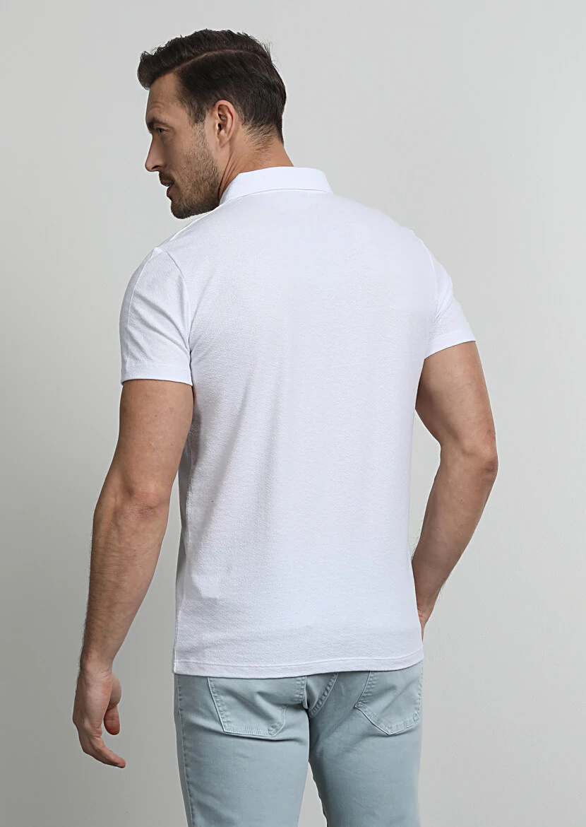 Beyaz Jakarlı Polo Yaka %100 Pamuk T-Shirt - 4