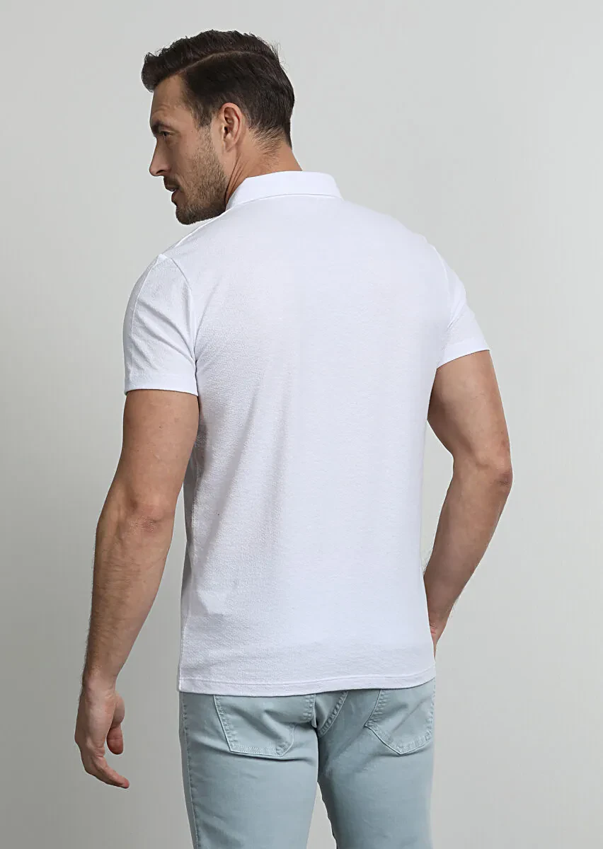 Beyaz Jakarlı Polo Yaka %100 Pamuk T-Shirt - 4