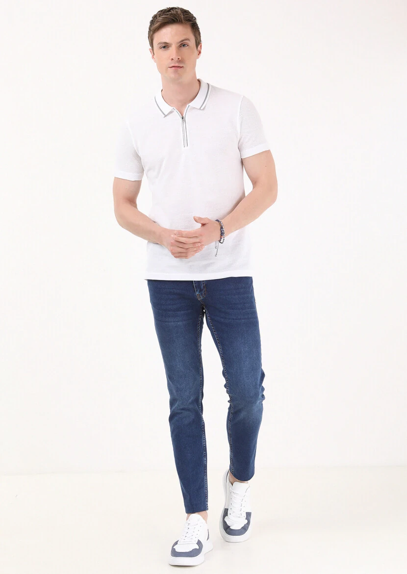 Beyaz Jakarlı Polo Yaka %100 Pamuk T-Shirt - 3
