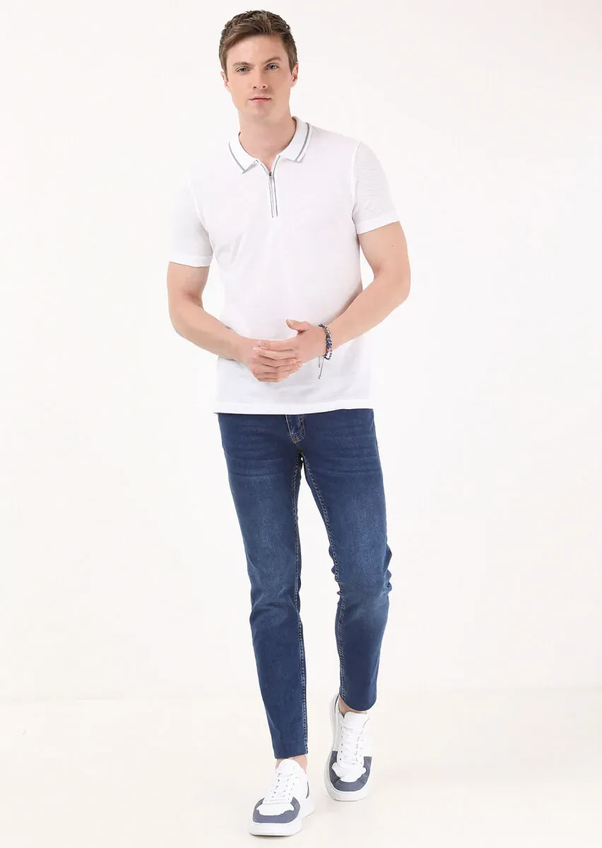 Beyaz Jakarlı Polo Yaka %100 Pamuk T-Shirt - 3