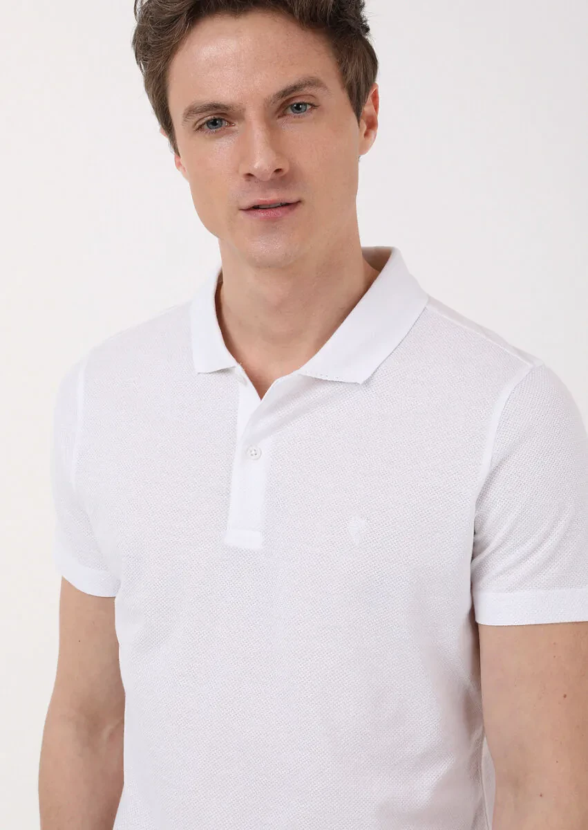 Beyaz Jakarlı Polo Yaka %100 Pamuk T-Shirt - 2