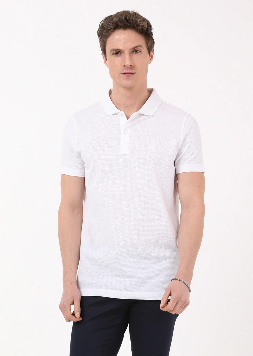 Beyaz Jakarlı Polo Yaka %100 Pamuk T-Shirt - 3