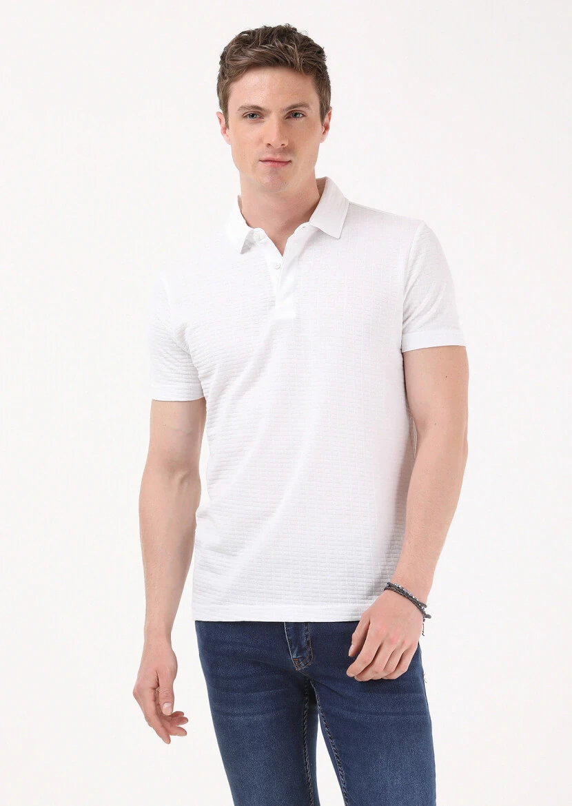 Beyaz Jakarlı Polo Yaka %100 Pamuk T-Shirt - 1