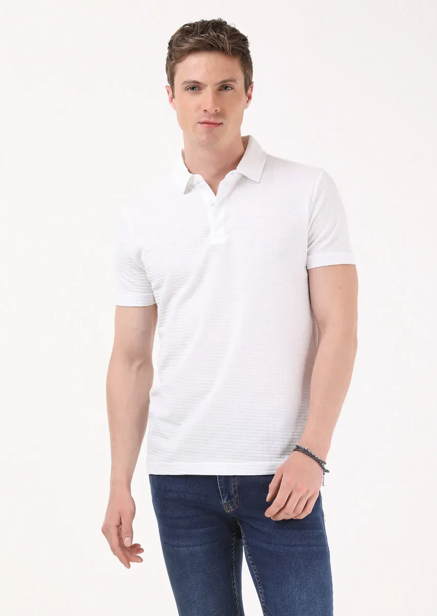 Beyaz Jakarlı Polo Yaka %100 Pamuk T-Shirt - 1