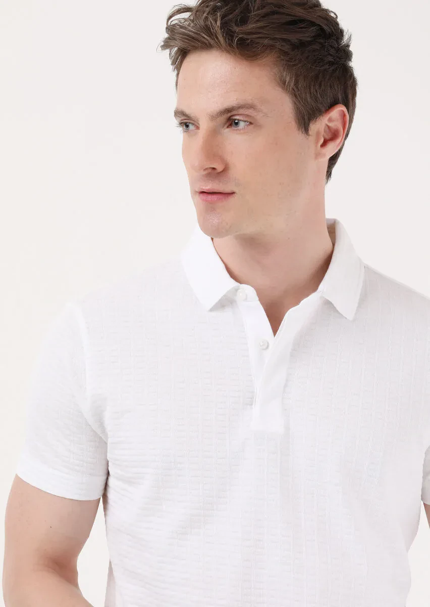 Beyaz Jakarlı Polo Yaka %100 Pamuk T-Shirt - 3