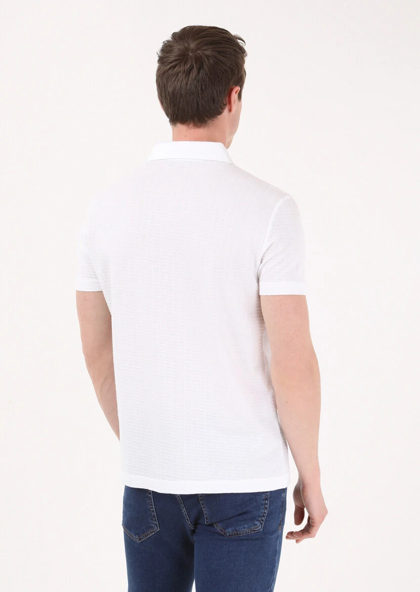 Beyaz Jakarlı Polo Yaka %100 Pamuk T-Shirt - 4