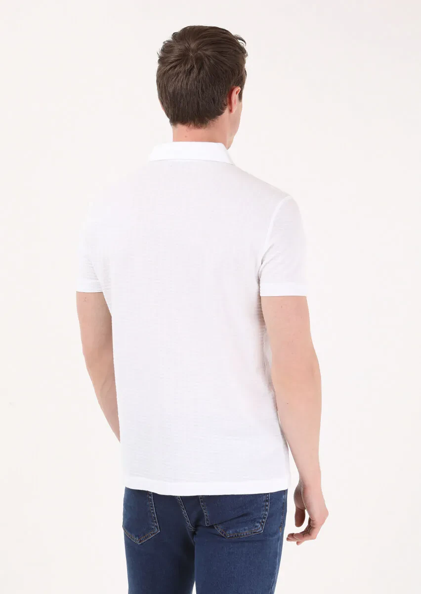 Beyaz Jakarlı Polo Yaka %100 Pamuk T-Shirt - 4