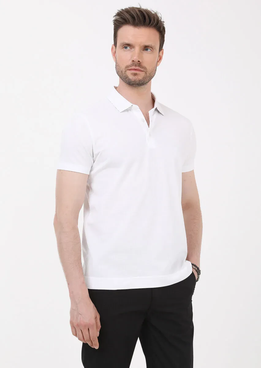 Beyaz Jakarlı Polo Yaka %100 Pamuk T-Shirt - 1