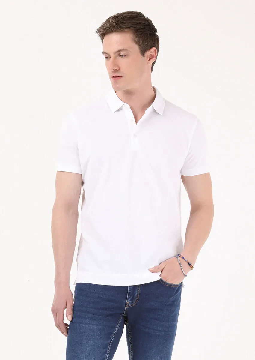Beyaz Jakarlı Polo Yaka %100 Pamuk T-Shirt - 2