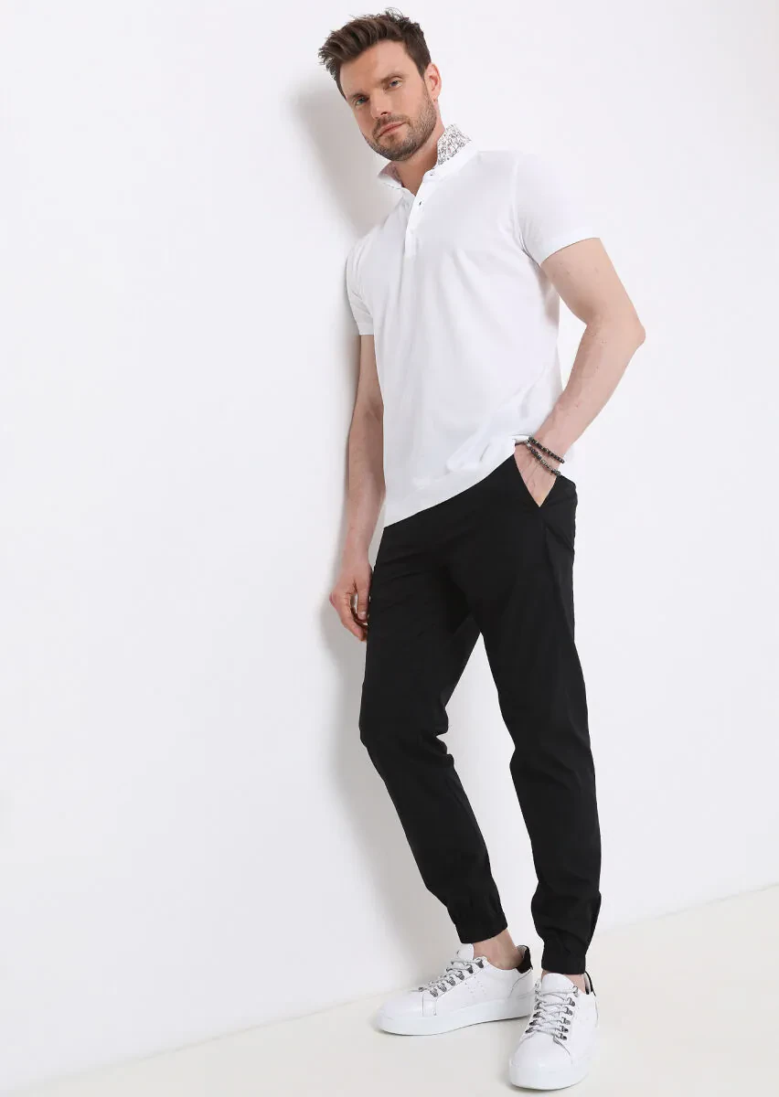 Beyaz Jakarlı Polo Yaka %100 Pamuk T-Shirt - 3