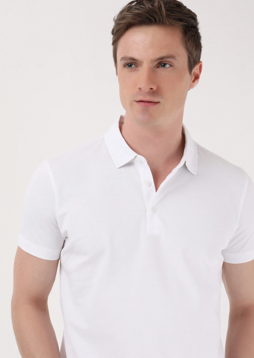 Beyaz Jakarlı Polo Yaka %100 Pamuk T-Shirt - 4