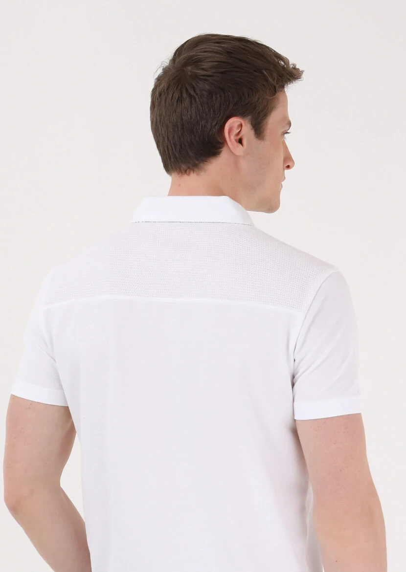 Beyaz Jakarlı Polo Yaka %100 Pamuk T-Shirt - 5