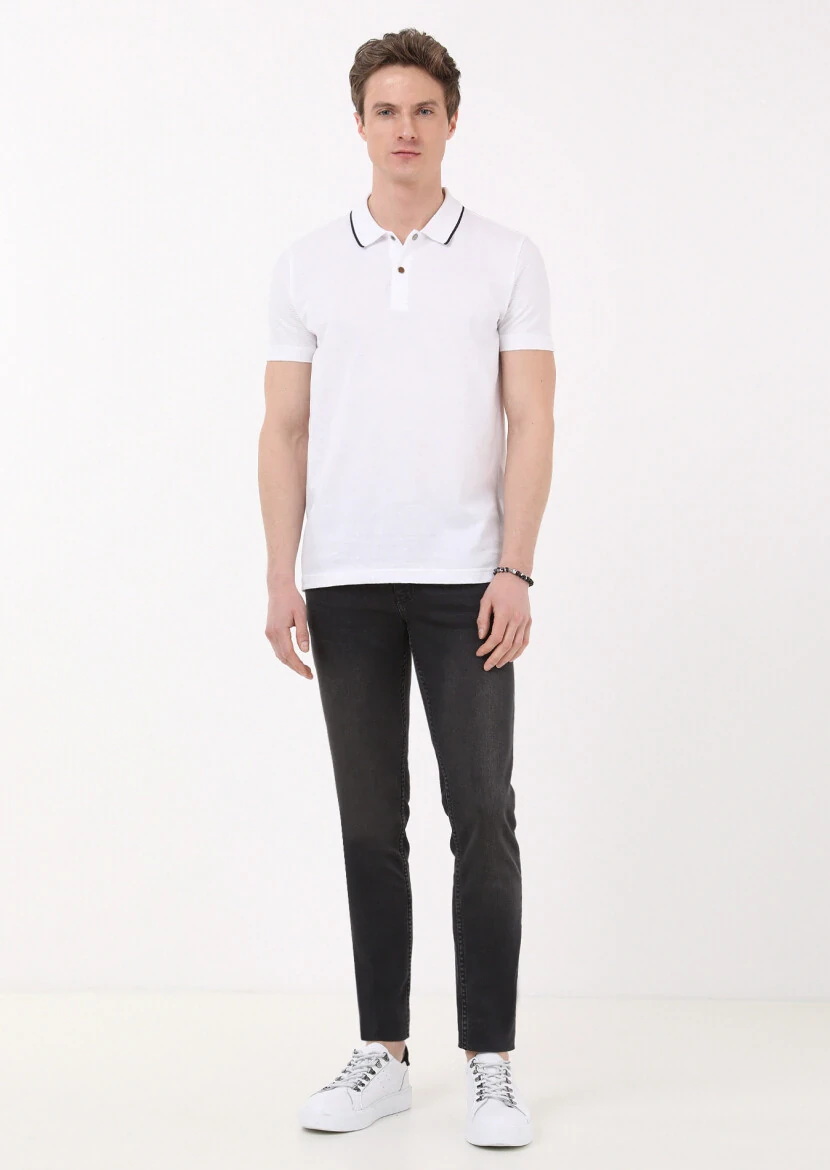 Beyaz Jakarlı Polo Yaka %100 Pamuk T-Shirt - 1