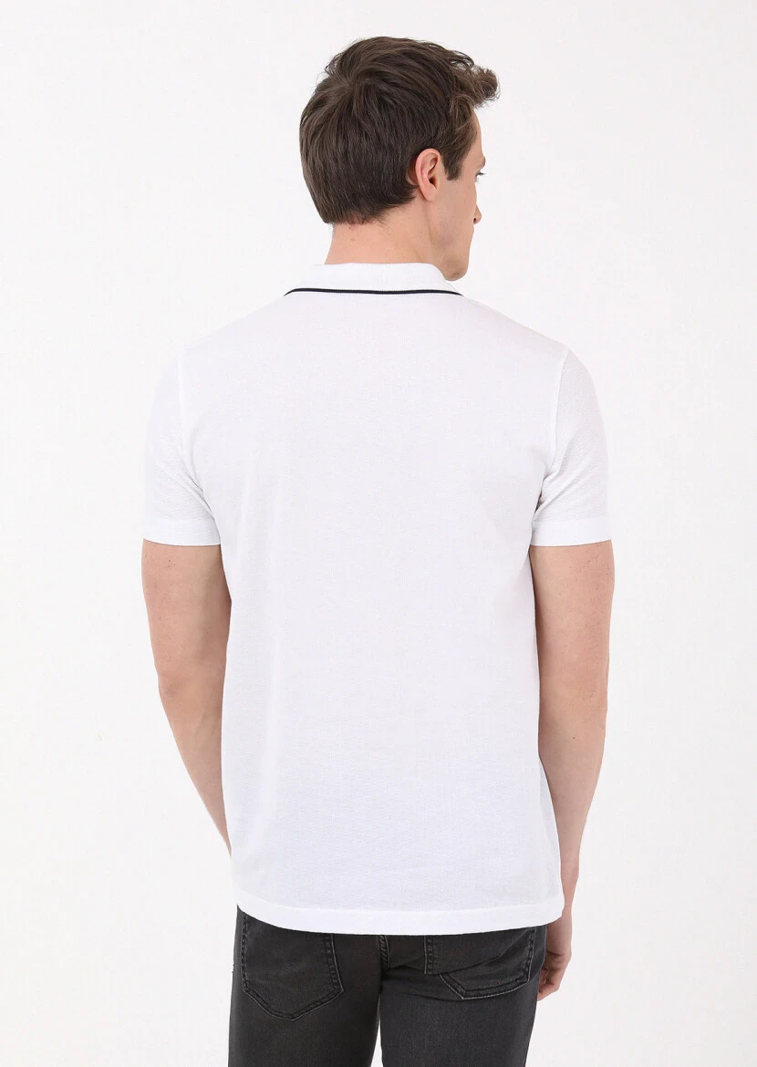 Beyaz Jakarlı Polo Yaka %100 Pamuk T-Shirt - 4