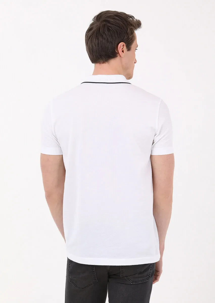 Beyaz Jakarlı Polo Yaka %100 Pamuk T-Shirt - 4