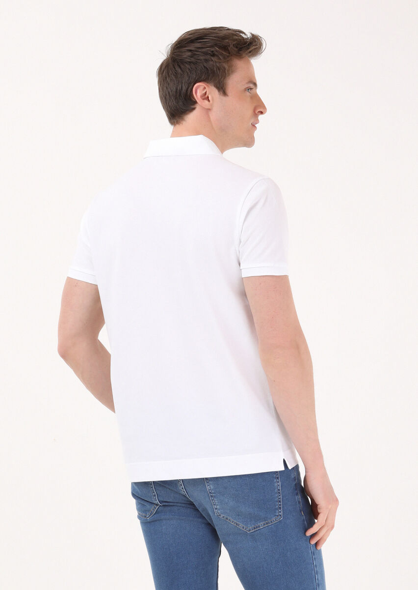 Beyaz Jakarlı Polo Yaka %100 Pamuk T-Shirt - 4