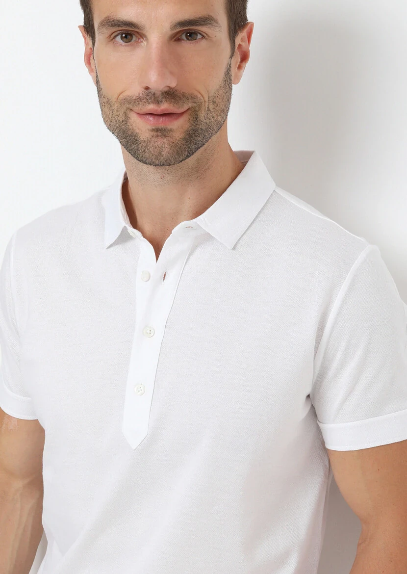 Beyaz Jakarlı Polo Yaka %100 Pamuk T-Shirt - 3
