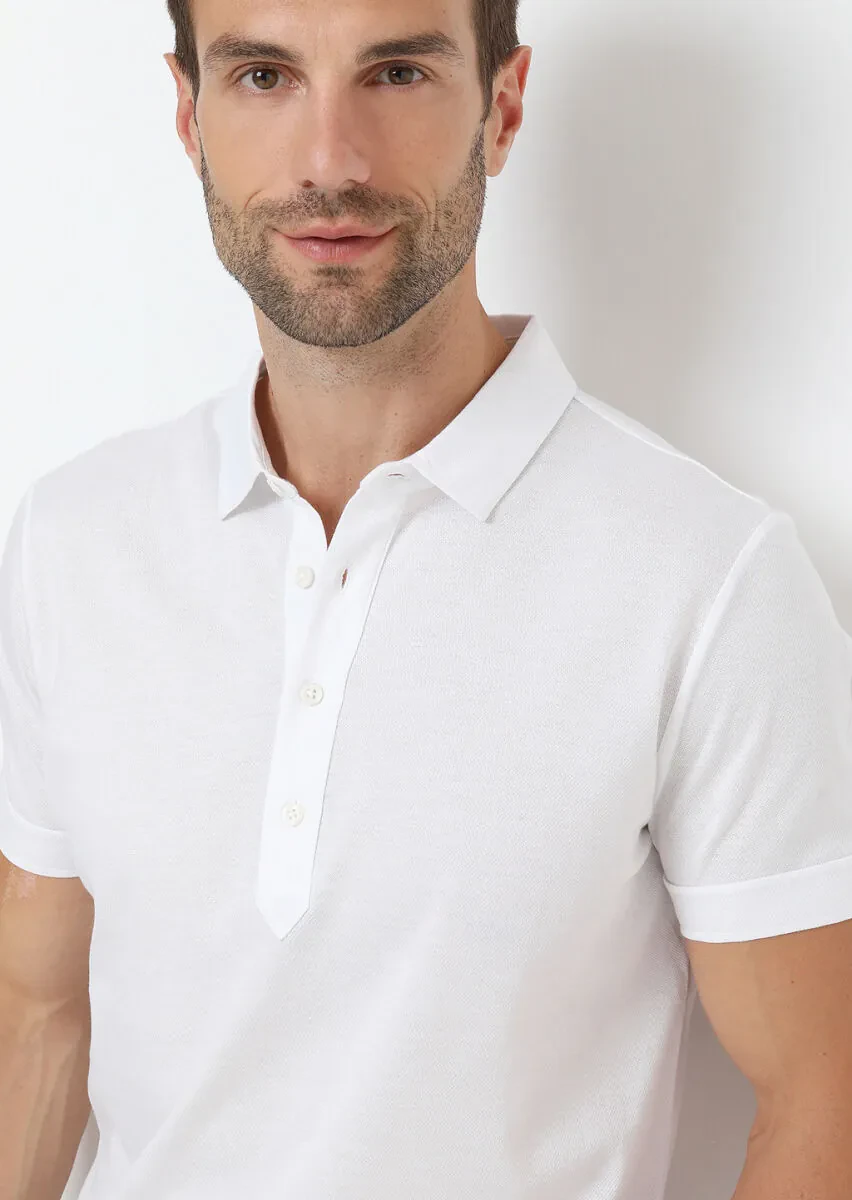 Beyaz Jakarlı Polo Yaka %100 Pamuk T-Shirt - 3