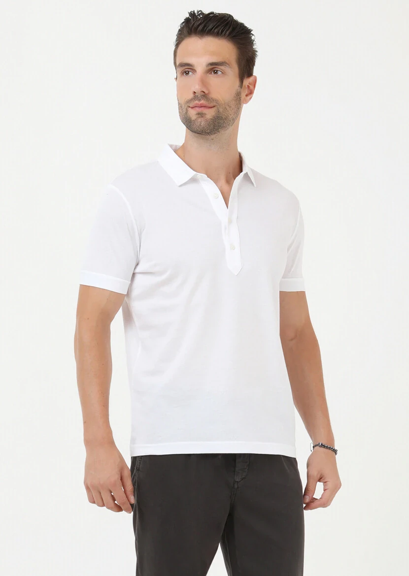 Beyaz Jakarlı Polo Yaka %100 Pamuk T-Shirt - 4