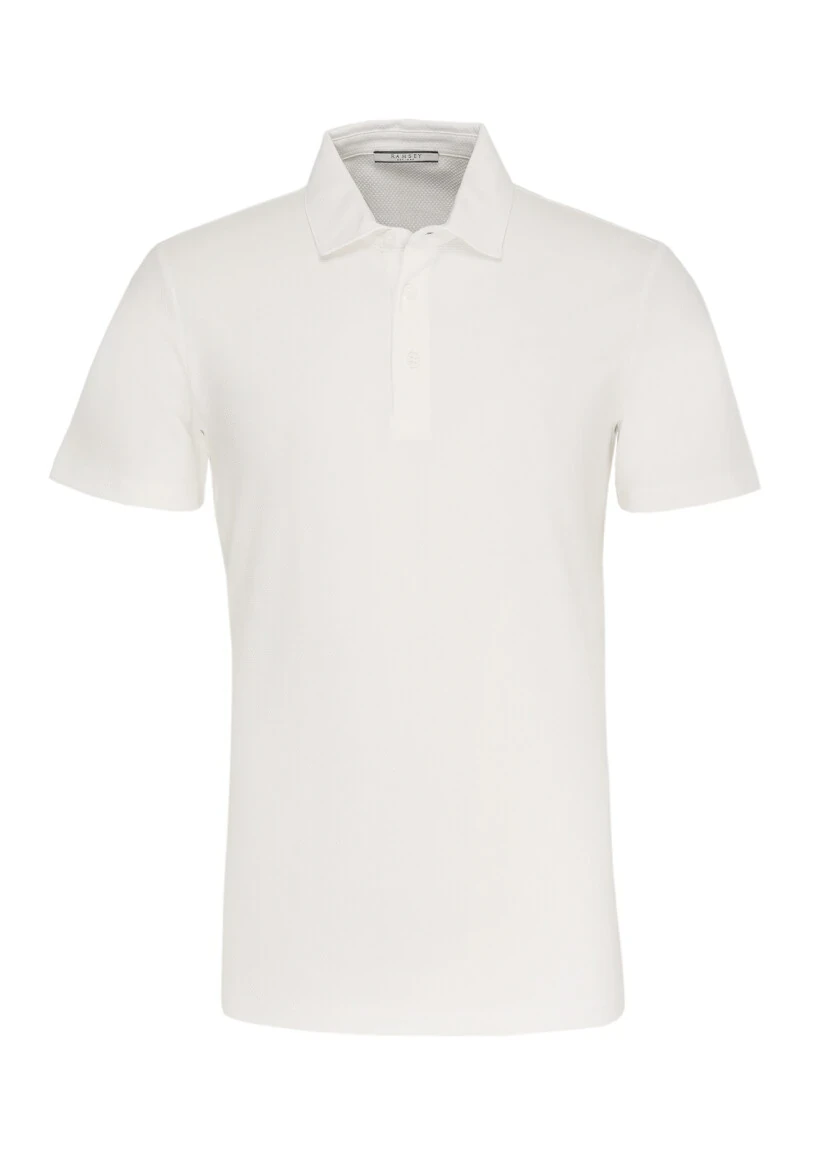 Beyaz Jakarlı Polo Yaka %100 Pamuk T-Shirt - 1