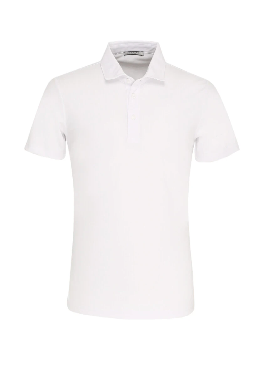 Beyaz Jakarlı Polo Yaka %100 Pamuk T-Shirt - 1