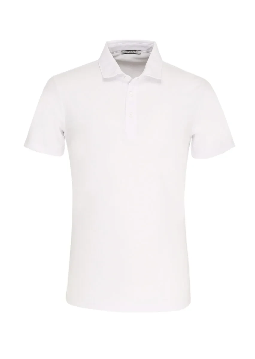 Beyaz Jakarlı Polo Yaka %100 Pamuk T-Shirt - 1
