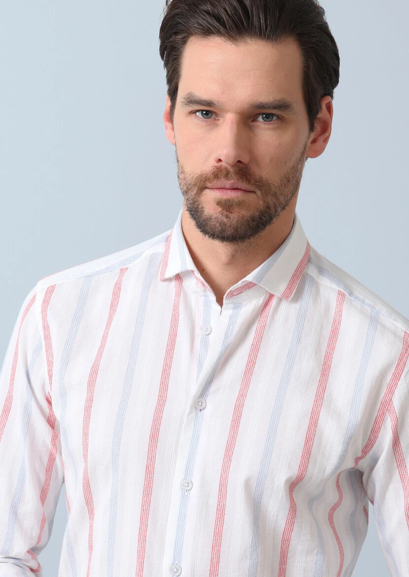 Beyaz Kareli Regular Fit Dokuma Denim Pamuk Karışımlı Gömlek - 1