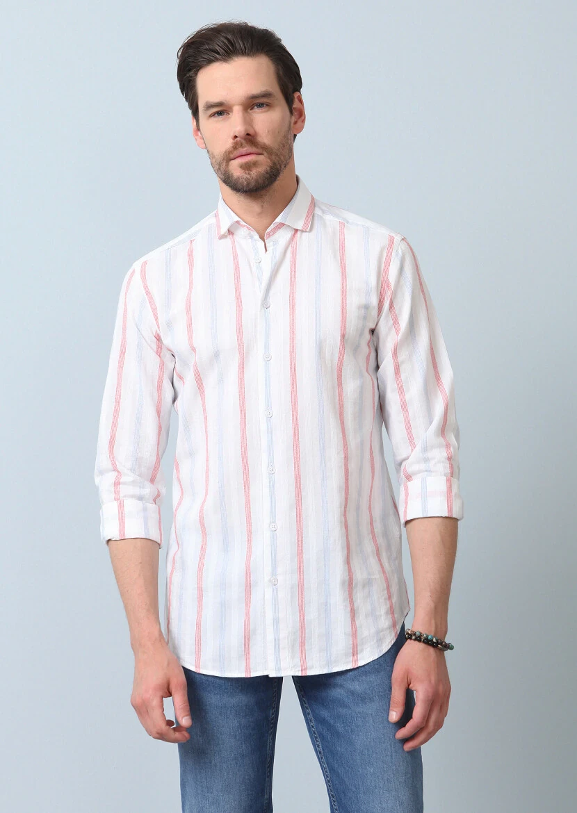 Beyaz Kareli Regular Fit Dokuma Denim Pamuk Karışımlı Gömlek - 2