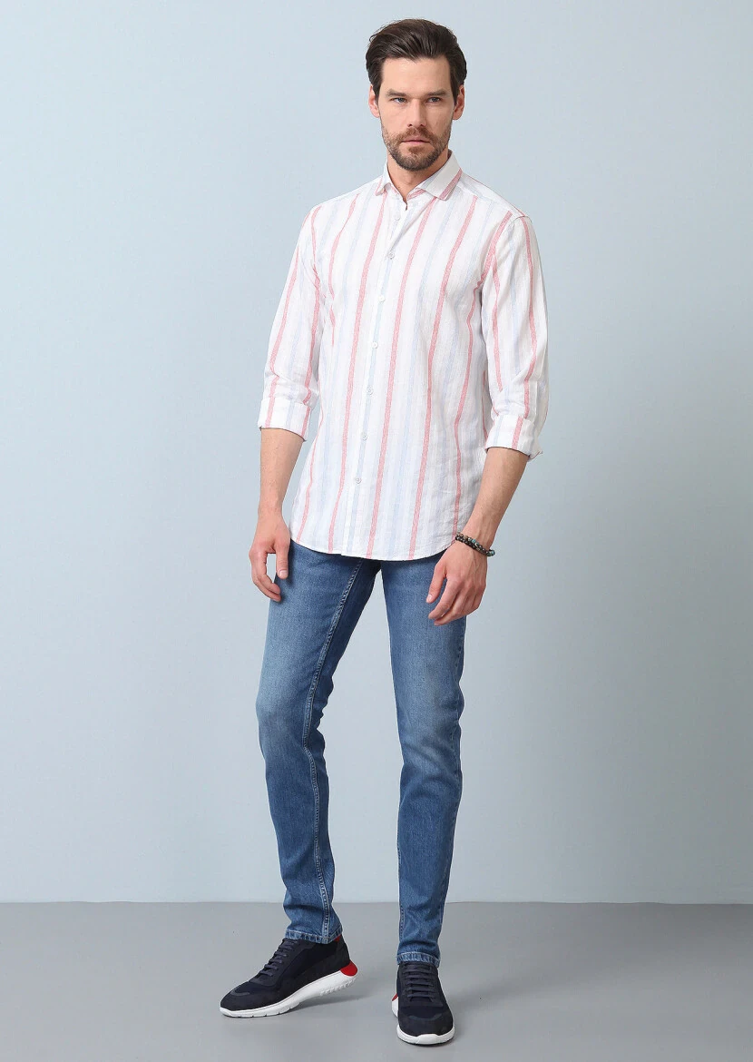 Beyaz Kareli Regular Fit Dokuma Denim Pamuk Karışımlı Gömlek - 4