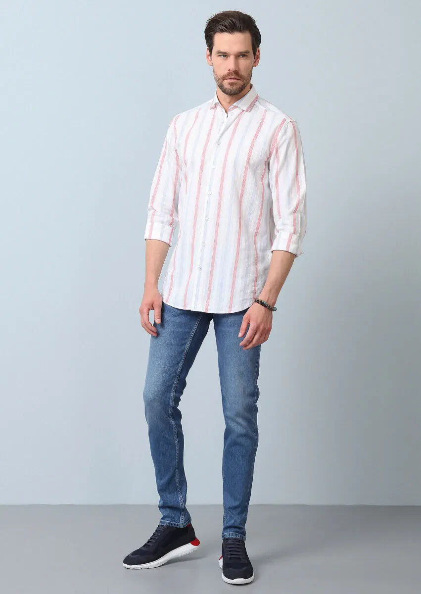 Beyaz Kareli Regular Fit Dokuma Denim Pamuk Karışımlı Gömlek - 4