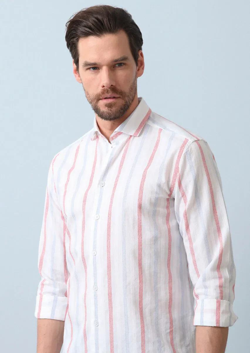 Beyaz Kareli Regular Fit Dokuma Denim Pamuk Karışımlı Gömlek - 5