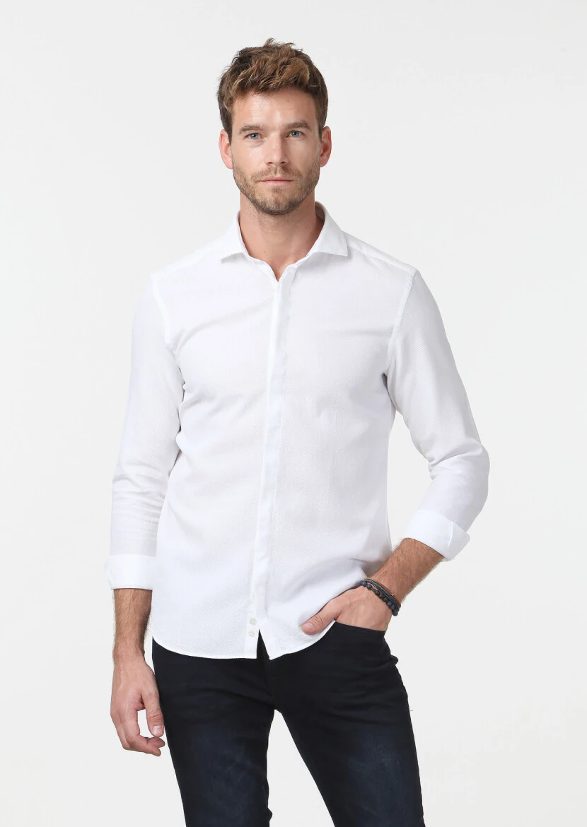 Beyaz Mikro Fitted Fit Dokuma Casual %100 Pamuk Gömlek - 1