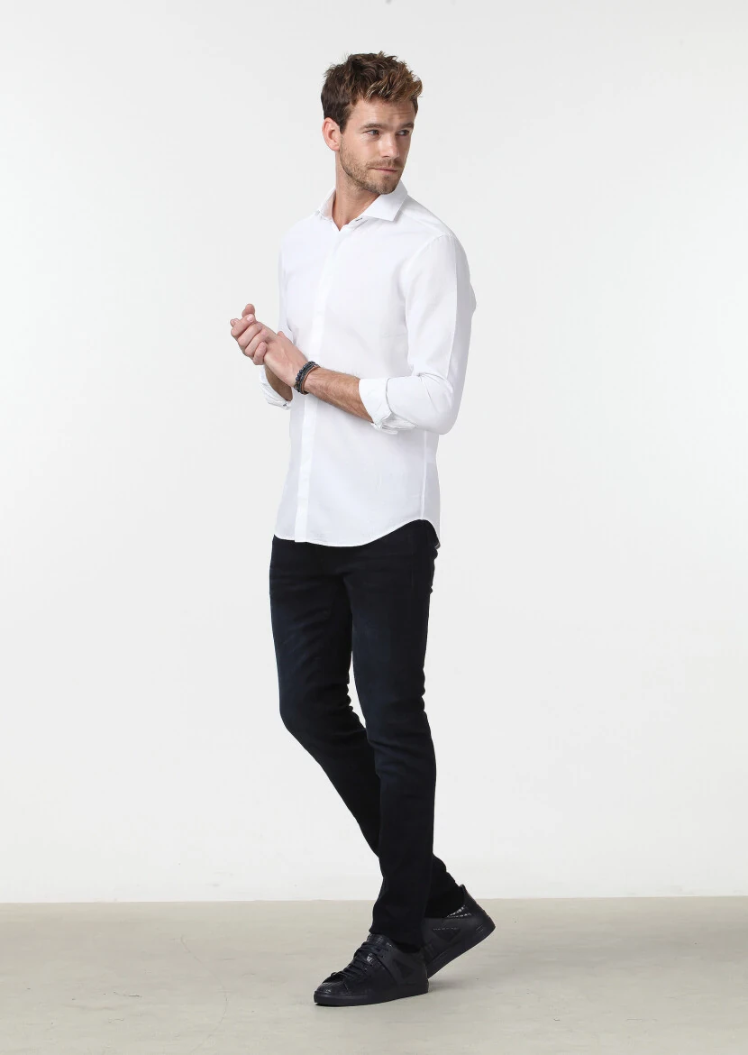 Beyaz Mikro Fitted Fit Dokuma Casual %100 Pamuk Gömlek - 3