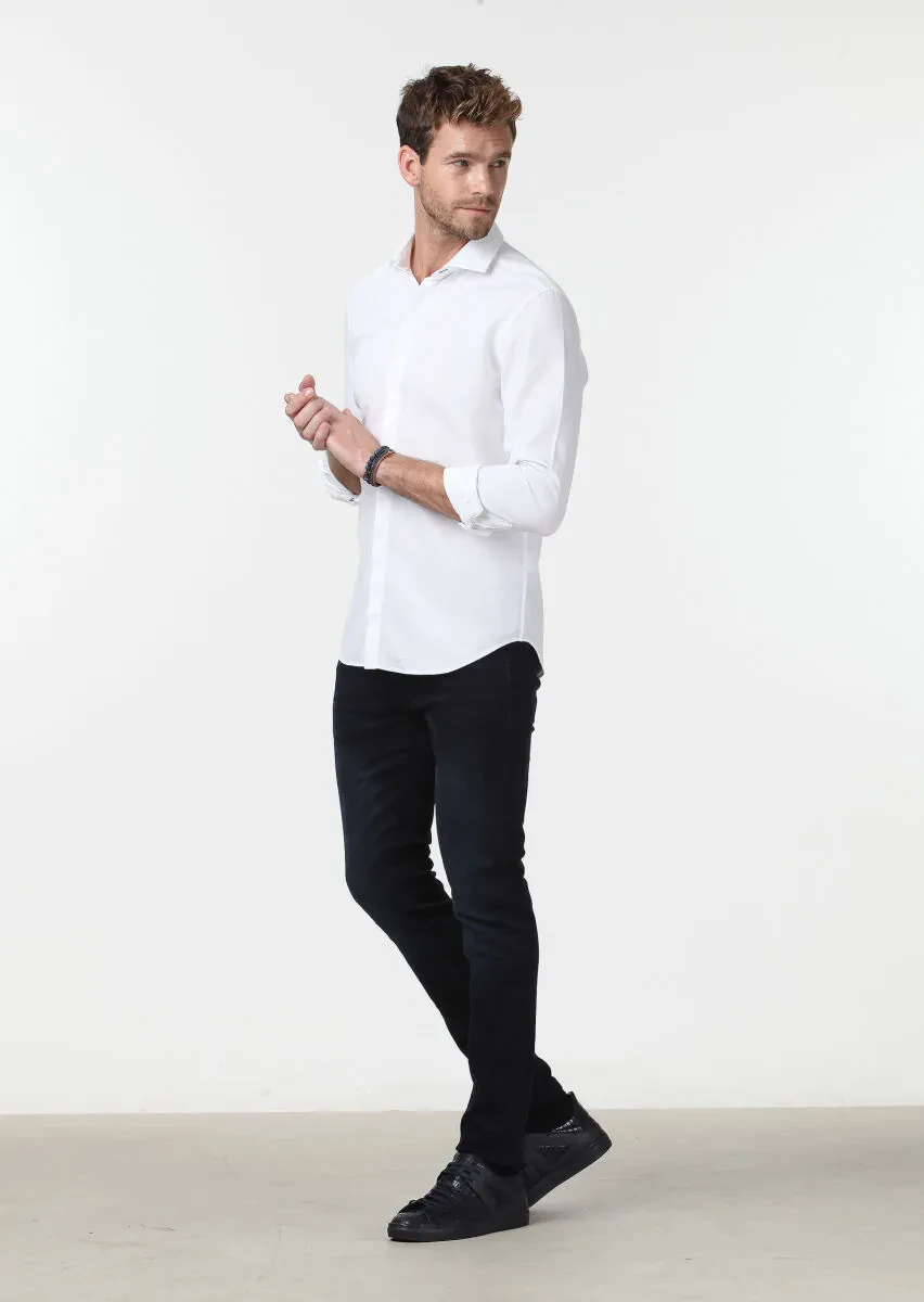 Beyaz Mikro Fitted Fit Dokuma Casual %100 Pamuk Gömlek - 3