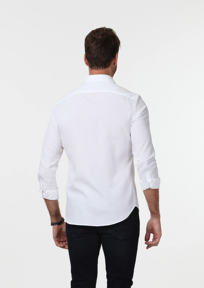 Beyaz Mikro Fitted Fit Dokuma Casual %100 Pamuk Gömlek - 5
