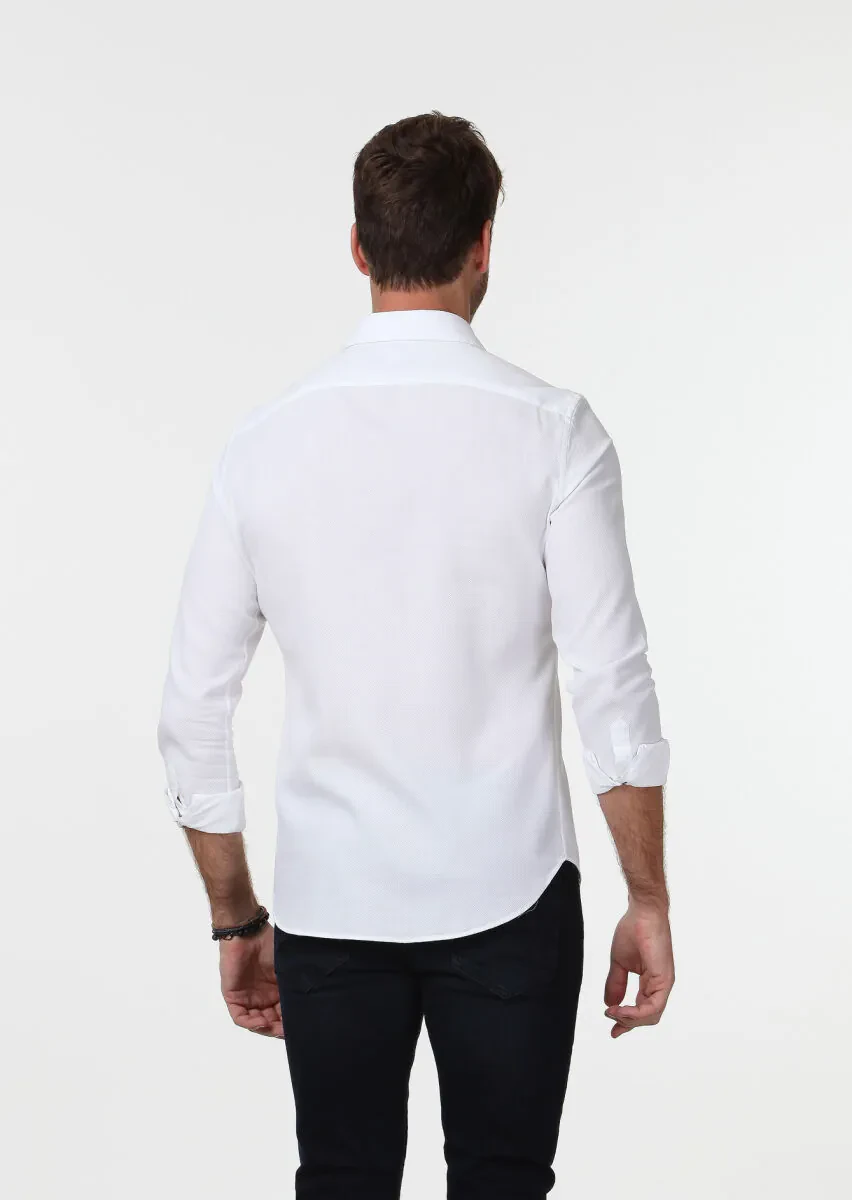 Beyaz Mikro Fitted Fit Dokuma Casual %100 Pamuk Gömlek - 5