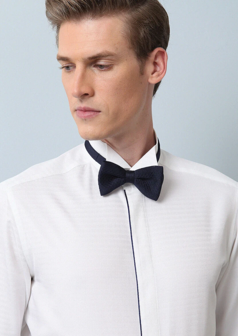 Beyaz Mikro Fitted Fit Duble Manşet Ata Yaka Smokin Gömlek - 1