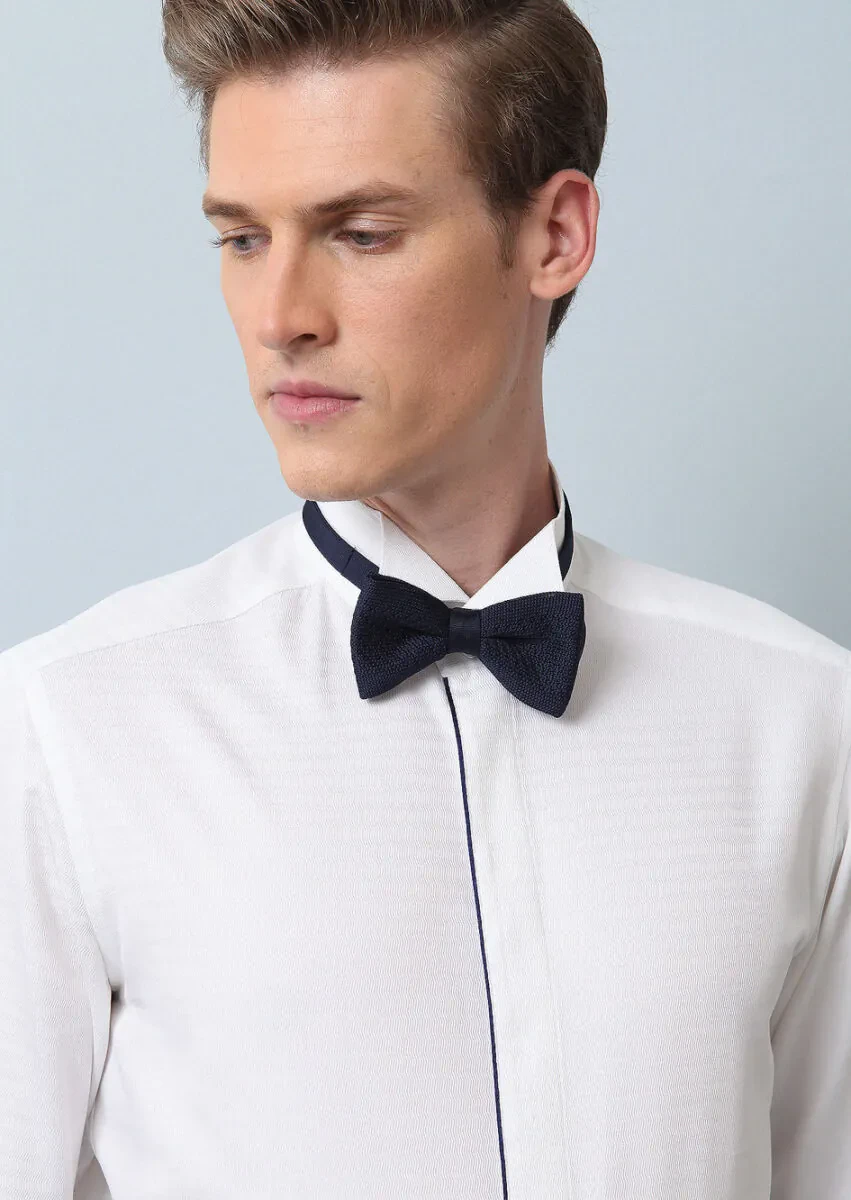 Beyaz Mikro Fitted Fit Duble Manşet Ata Yaka Smokin Gömlek - 1