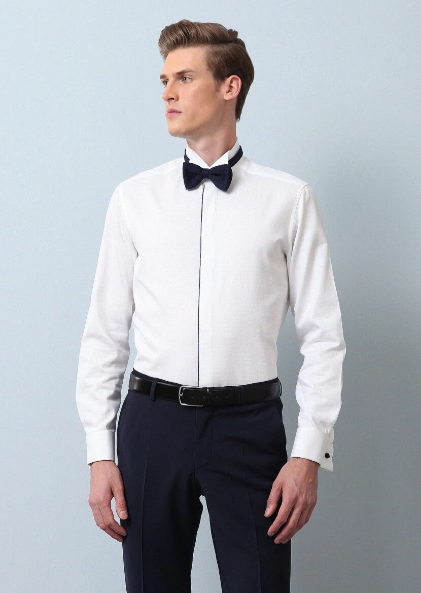 Beyaz Mikro Fitted Fit Duble Manşet Ata Yaka Smokin Gömlek - 2